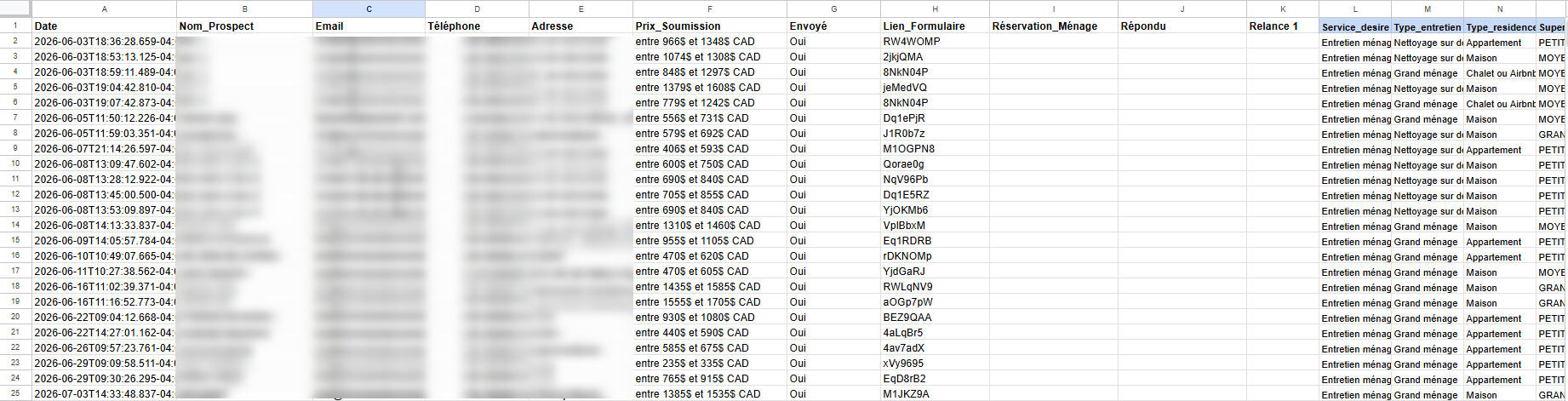 Fichier Google Drive de capture de leads
